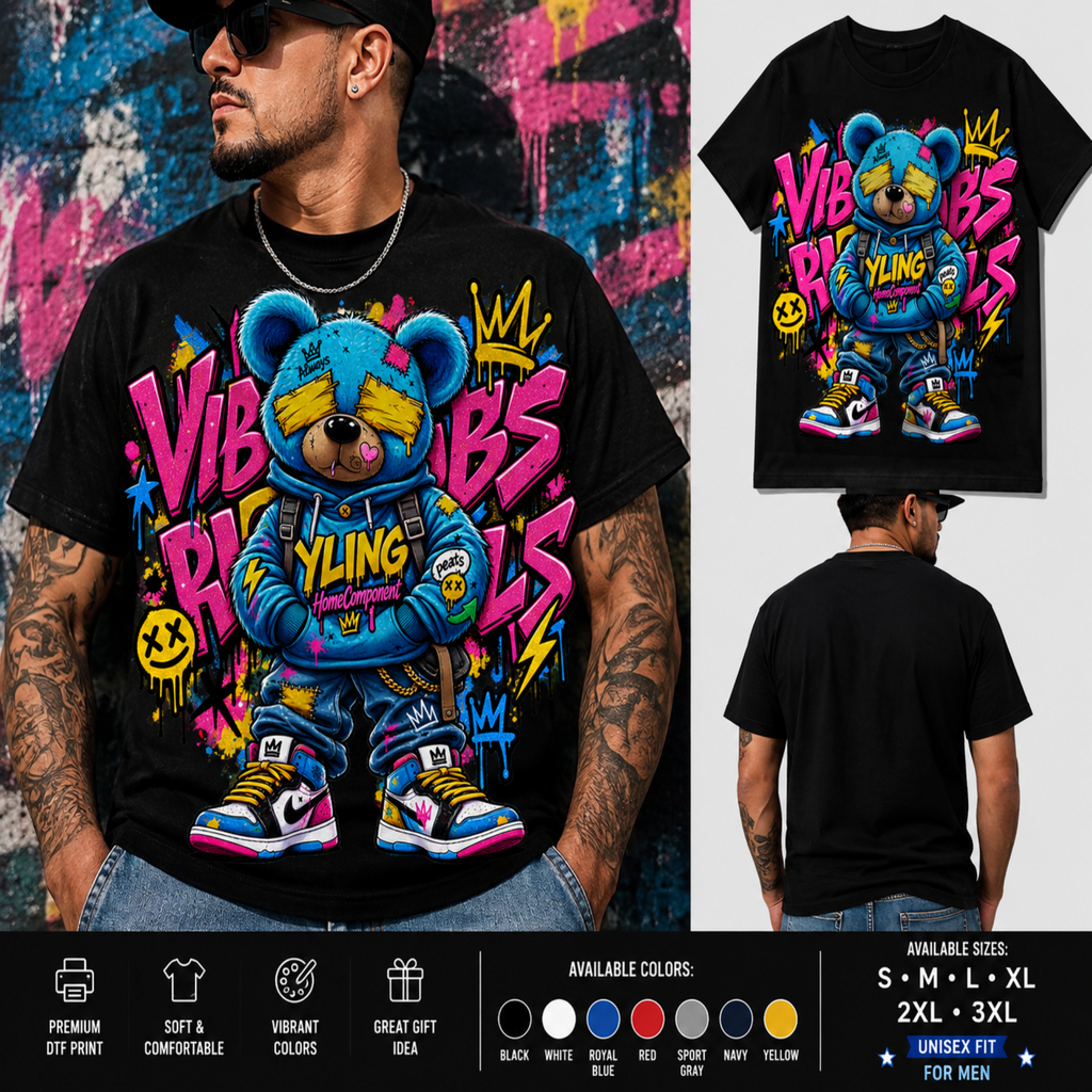 A black short-sleeve graphic T-shirt shown on a male model from multiple angles, plus a standalone front view of the shirt. The shirt features a large colorful teddy bear illustration with graffiti-style text reading 'VIBES BIZ' and bright neon accents in blue, pink, yellow, red, and white.