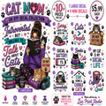 A promotional collage for a cat-themed DTF decal collection featuring a large illustrated cat lounging on books and pillows, surrounded by text labels for 10 pieces per set and 9 mini decals. The design includes paw prints, hearts, and humorous cat quotes, with a purple and pink color scheme and a white background.