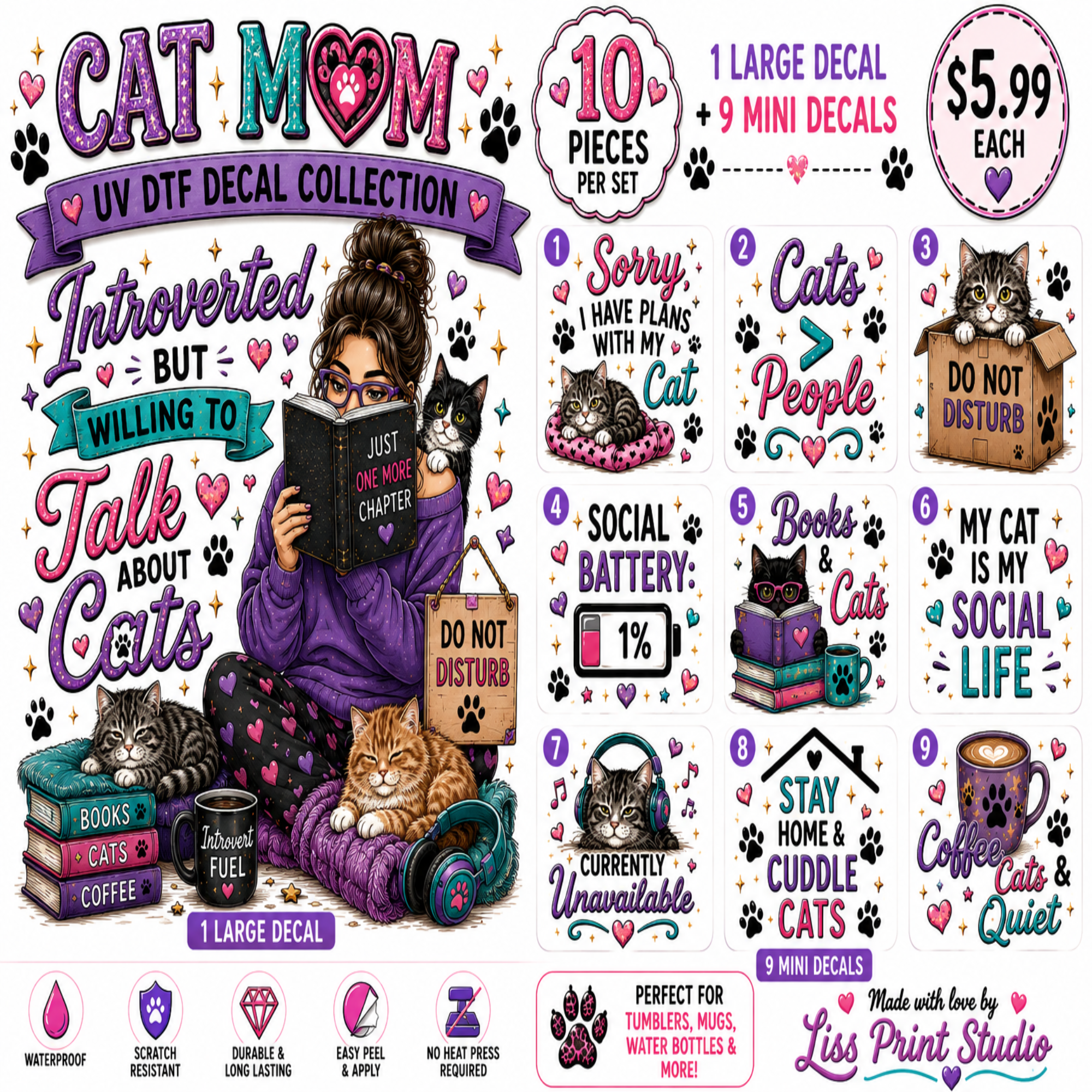 A promotional collage for a cat-themed DTF decal collection featuring a large illustrated cat lounging on books and pillows, surrounded by text labels for 10 pieces per set and 9 mini decals. The design includes paw prints, hearts, and humorous cat quotes, with a purple and pink color scheme and a white background.