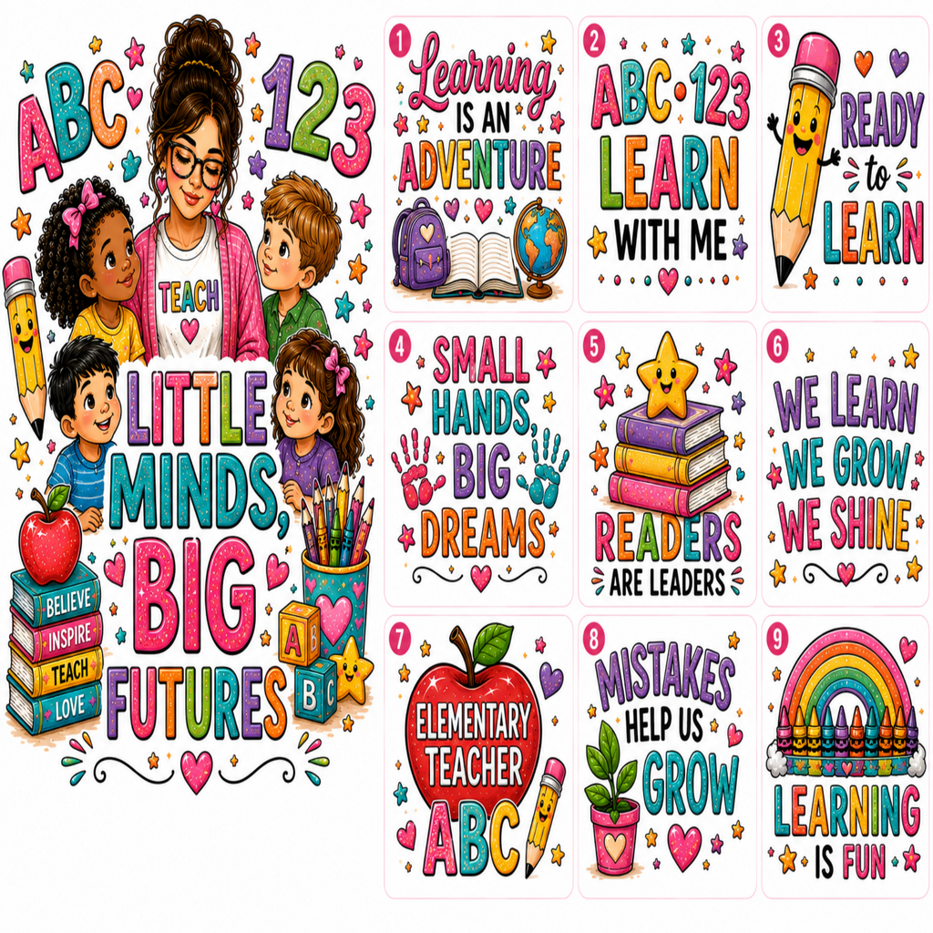 A set of nine colorful educational-themed sticker or decal designs arranged on a white background. The designs feature playful illustrations of children, teachers, pencils, books, stars, hearts, and phrases such as 'Learning is an Adventure,' 'ABC 123 Learn with Me,' 'Little Minds Big Futures,' 'Small Hands Big Dreams,' 'Readers Are Leaders,' 'We Learn We Grow We Shine,' 'Mistakes Help Us Grow,' 'Elementary Teacher ABC,' 'Rainbow Crayons,' and 'Learning is Fun.