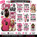 A 10-piece UV DTF decal set featuring humorous pet-themed quotes and paw prints, shown as a digital design sheet with sample applications on shirts and a dog.