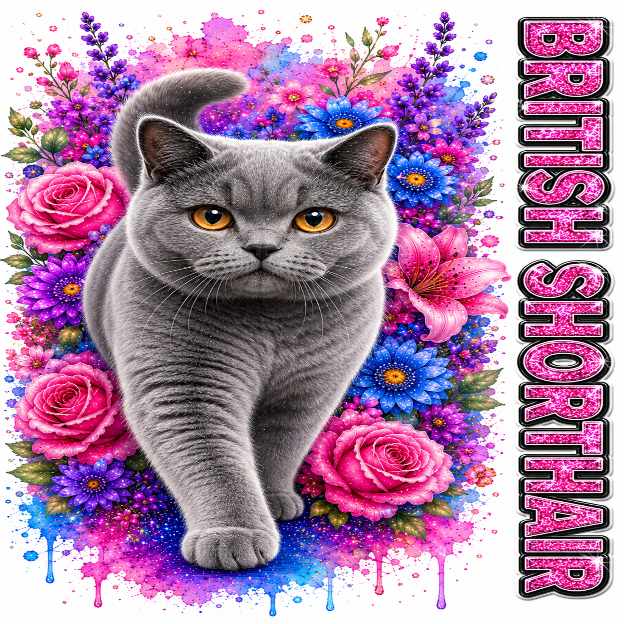 A gray British Shorthair cat centered against a vivid floral background with pink roses, blue flowers, and paint-drip splashes. The words 'BRITISH SHORTHAIR' appear vertically along the right side in pink glitter-style lettering.