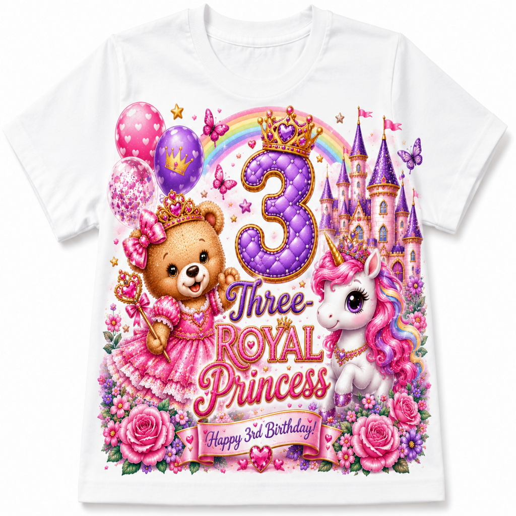 A white short-sleeve kids' t-shirt featuring a vibrant, multi-colored 'Three Royal Princess' 3rd birthday graphic print with a teddy bear, unicorn, castle, and balloons.