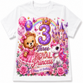 A white short-sleeve kids' t-shirt featuring a vibrant, multi-colored 'Three Royal Princess' 3rd birthday graphic print with a teddy bear, unicorn, castle, and balloons.