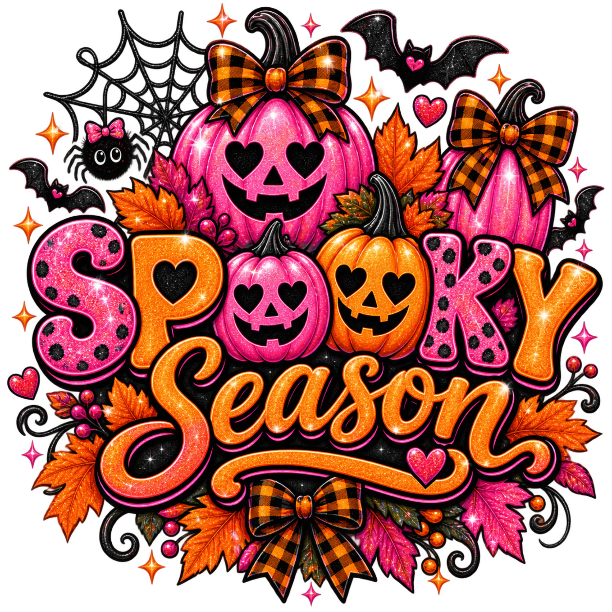 A colorful Halloween-themed graphic reading “Spooky Season” in glittery orange and pink lettering, surrounded by jack-o'-lantern pumpkins, pink and orange pumpkins, plaid bows, bats, spiderwebs, hearts, and autumn leaves on a black background.