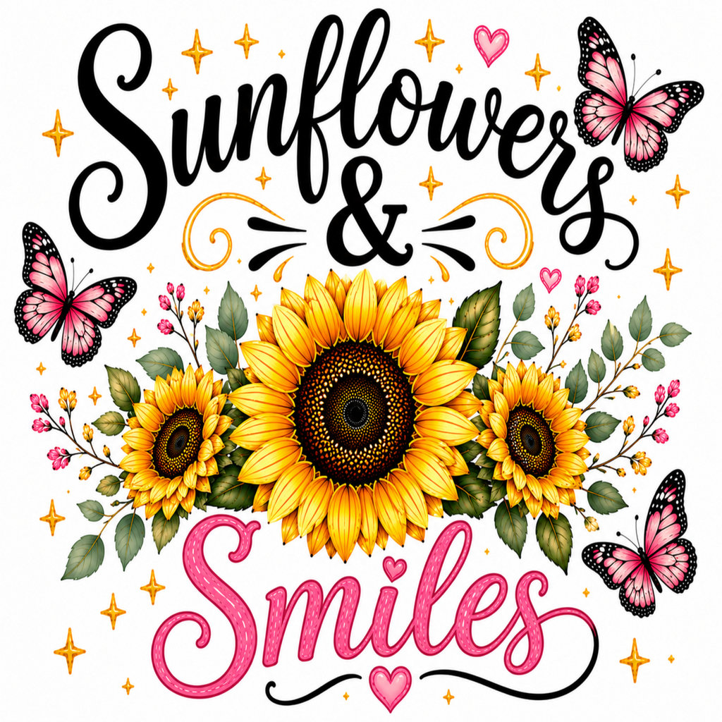 A decorative graphic with the words “Sunflowers & Smiles” in black and pink script, surrounded by three yellow sunflowers, green leaves, pink butterflies, and small gold stars on a white background.