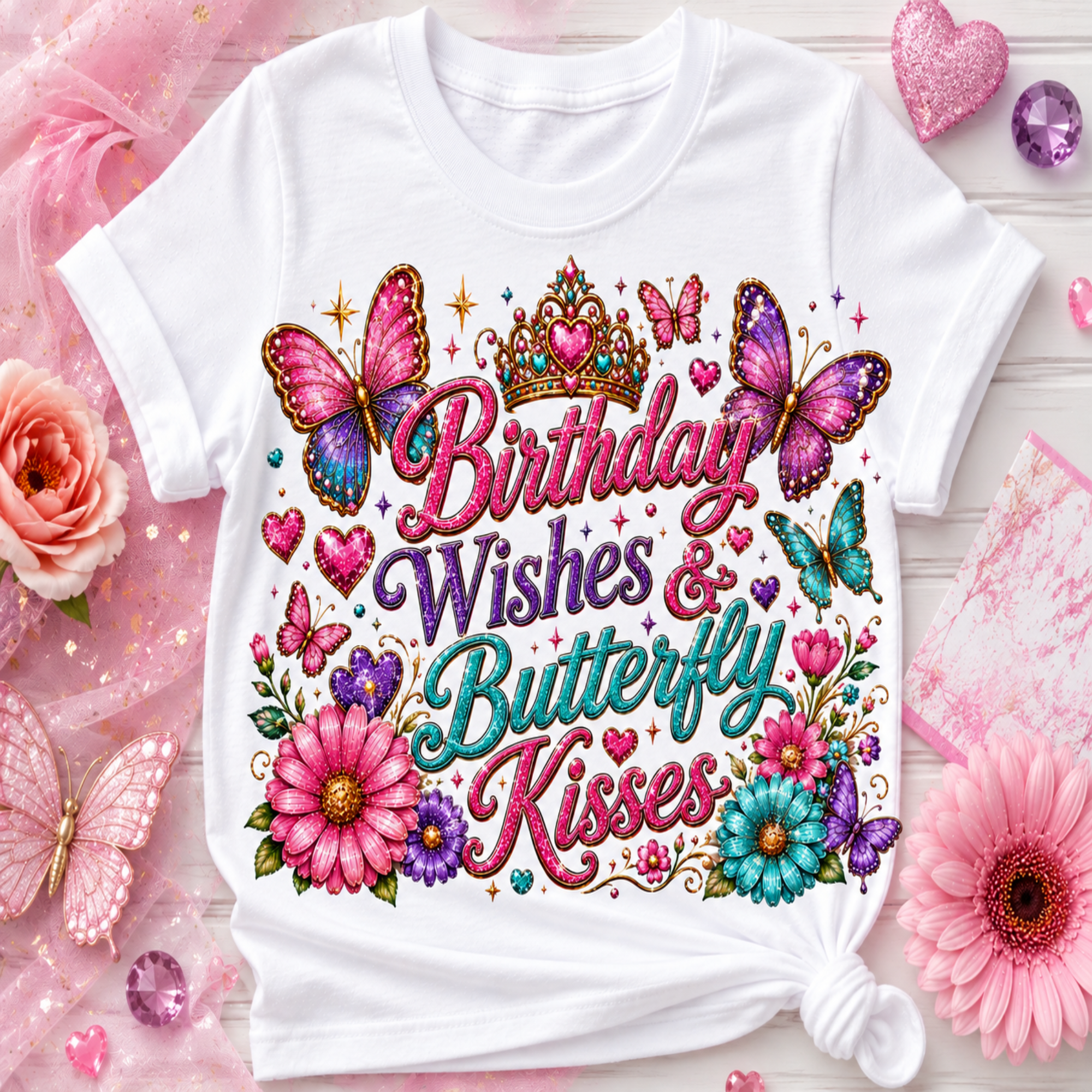 A white short-sleeve T-shirt laid flat on a pink floral surface, featuring a colorful decorative graphic with butterflies, flowers, hearts, and the text 'Birthday Wishes & Butterfly Kisses.' The shirt is styled with pink roses, glitter, and decorative props around it.