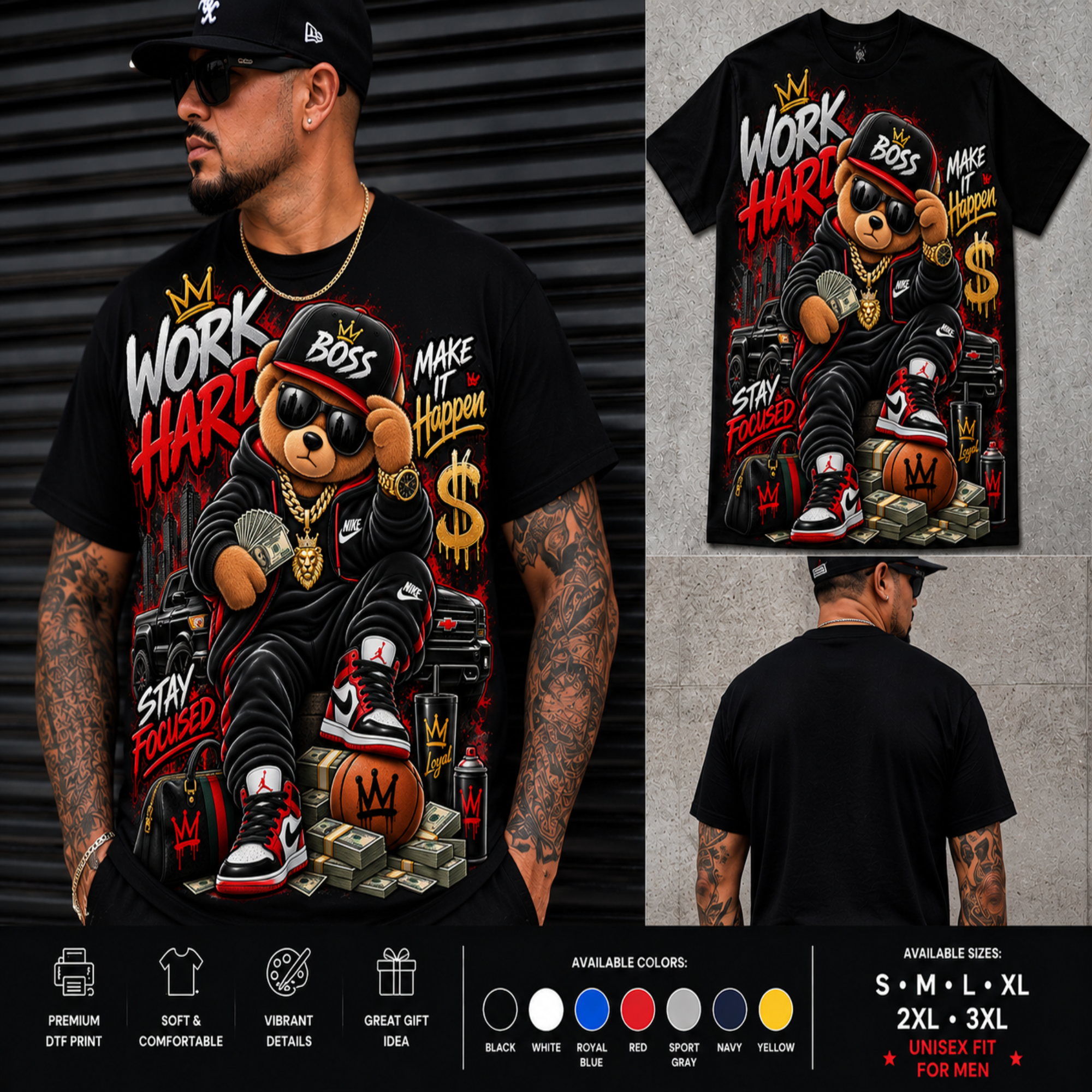 Work Hard Stay Focused Teddy Bear DTF Shirt – Men