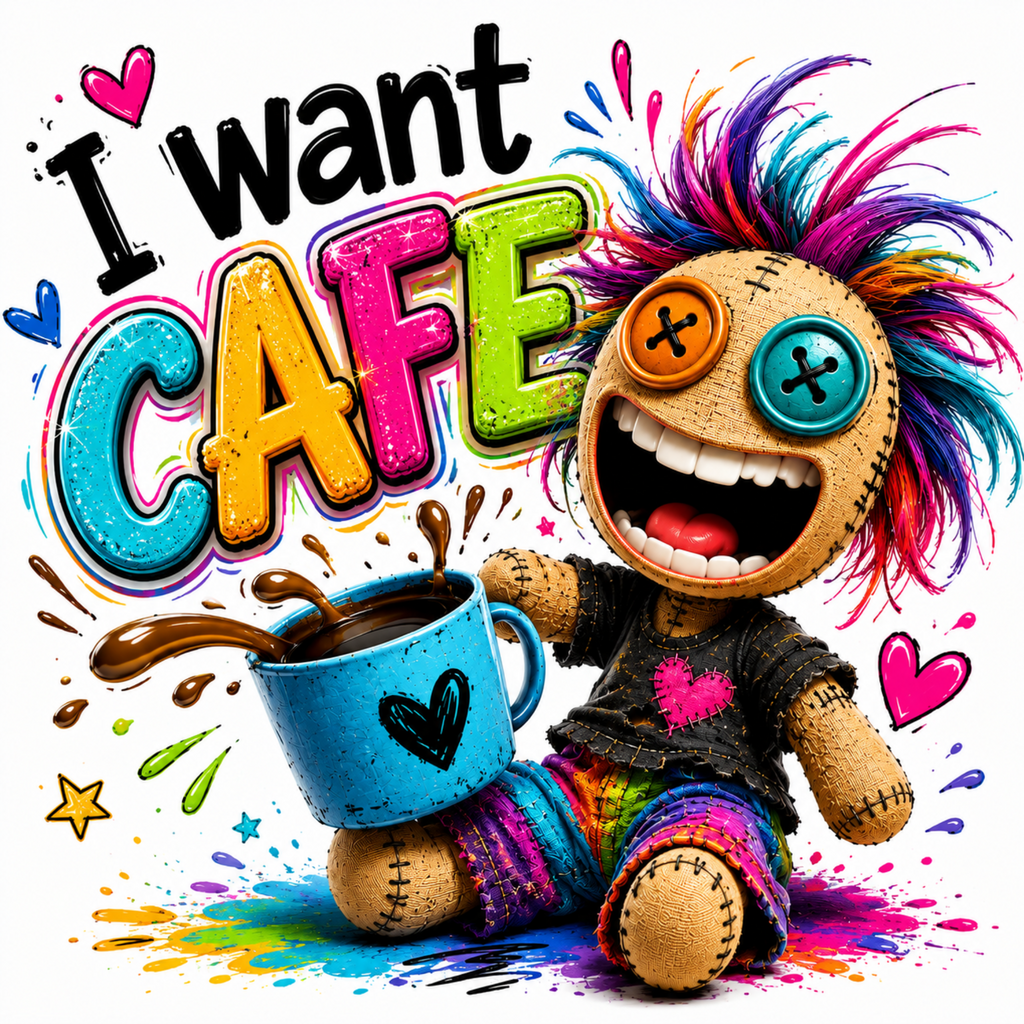 A colorful cartoon-style illustration of a smiling wooden doll with rainbow hair, large button eyes, and a blue mug, surrounded by the text 'I want CAFE' and paint splashes on a white background.