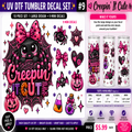 A promotional graphic for a UV DTF tumbler decal set featuring a large pink and black cartoon spider with the words 'Creepin' It Cute' and multiple smaller spider-themed decals. The layout includes product thumbnails, size information, pricing, and marketing text on a white background.