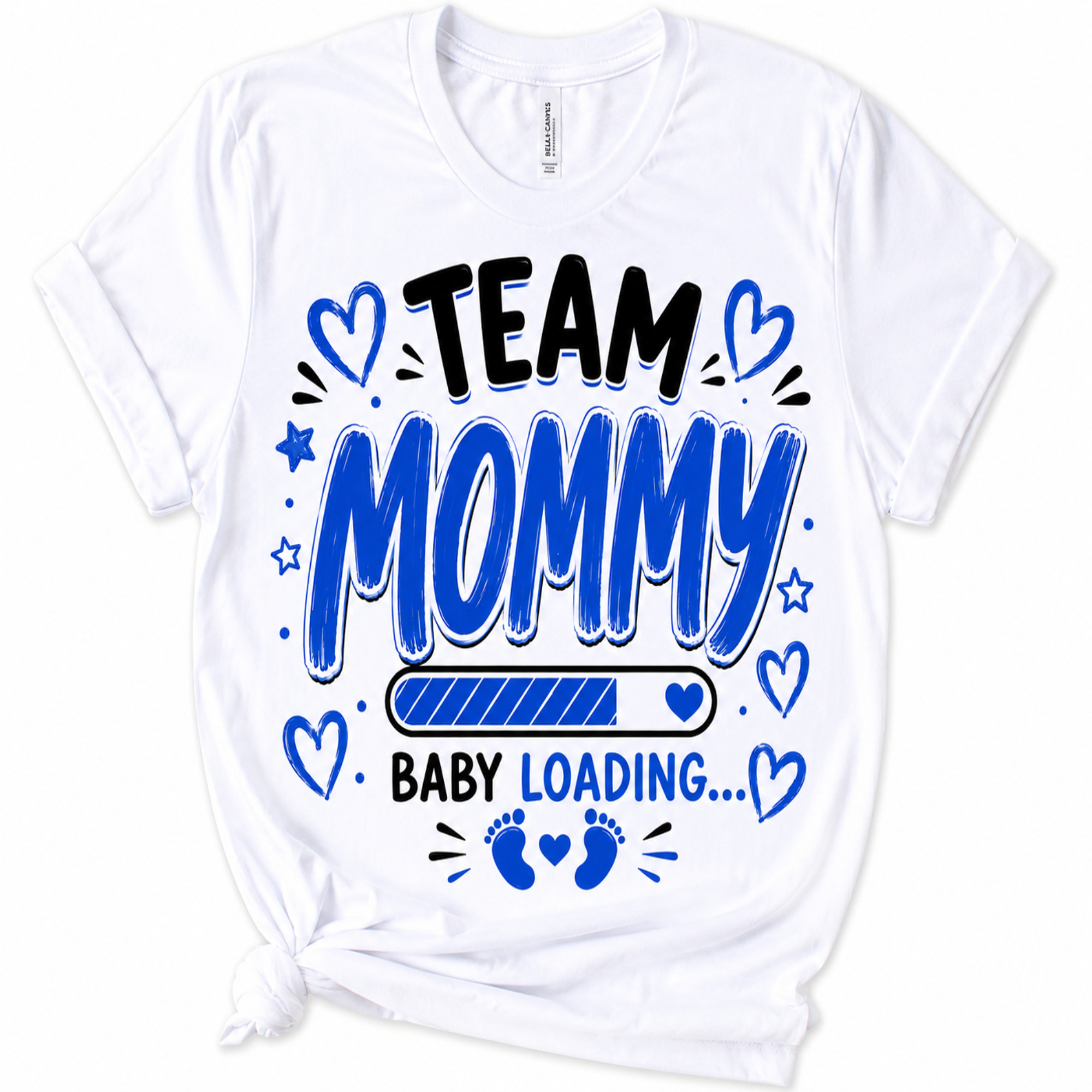 A white short-sleeve crewneck t-shirt with a graphic print on the front that reads 'TEAM MOMMY BABY LOADING.