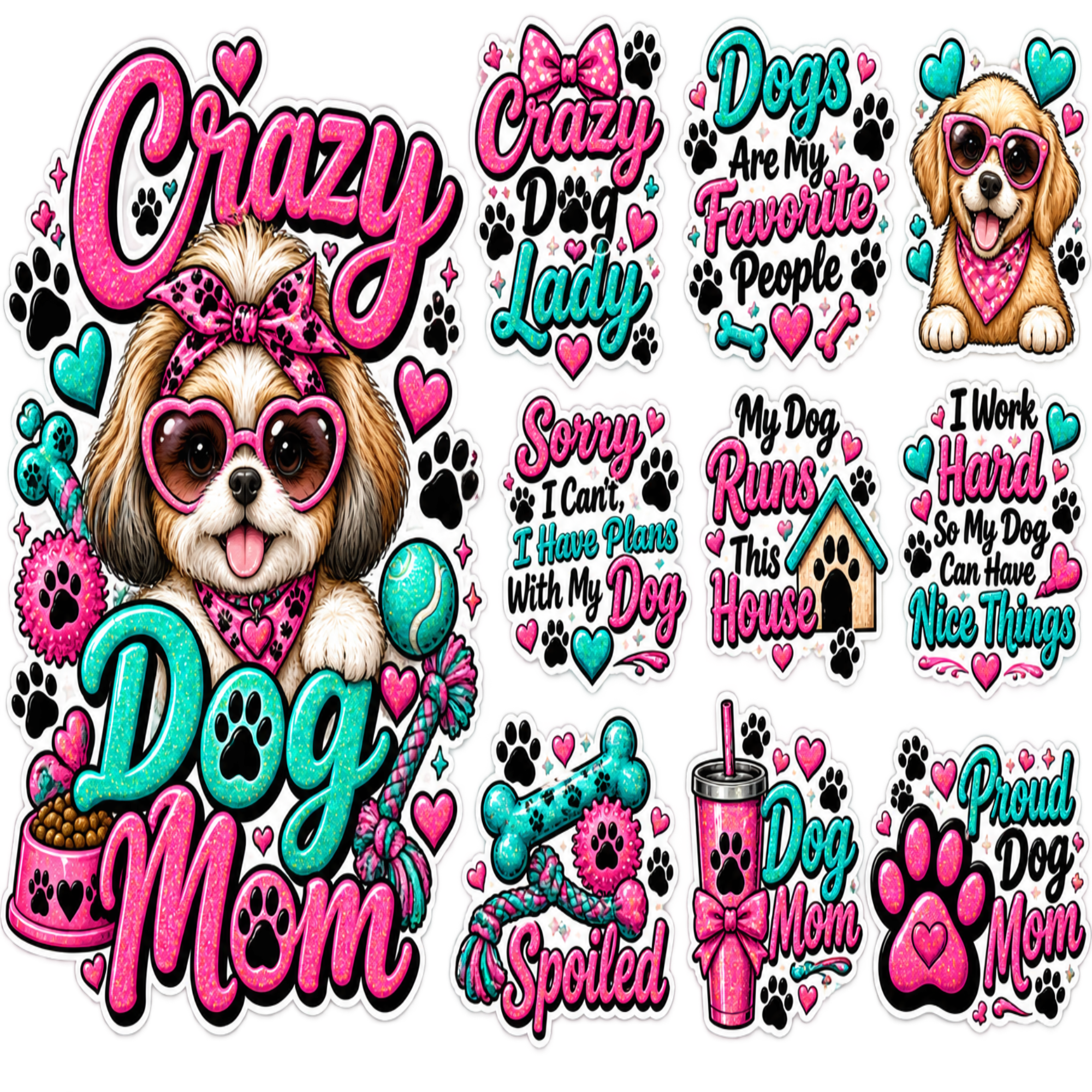 A collage of multiple colorful dog-themed sticker or decal designs with cartoon dogs, paw prints, hearts, bows, bones, a cup, and text phrases such as 'Crazy Dog Mom,' 'Dogs Are My Favorite People,' and 'Proud Dog Mom.'.