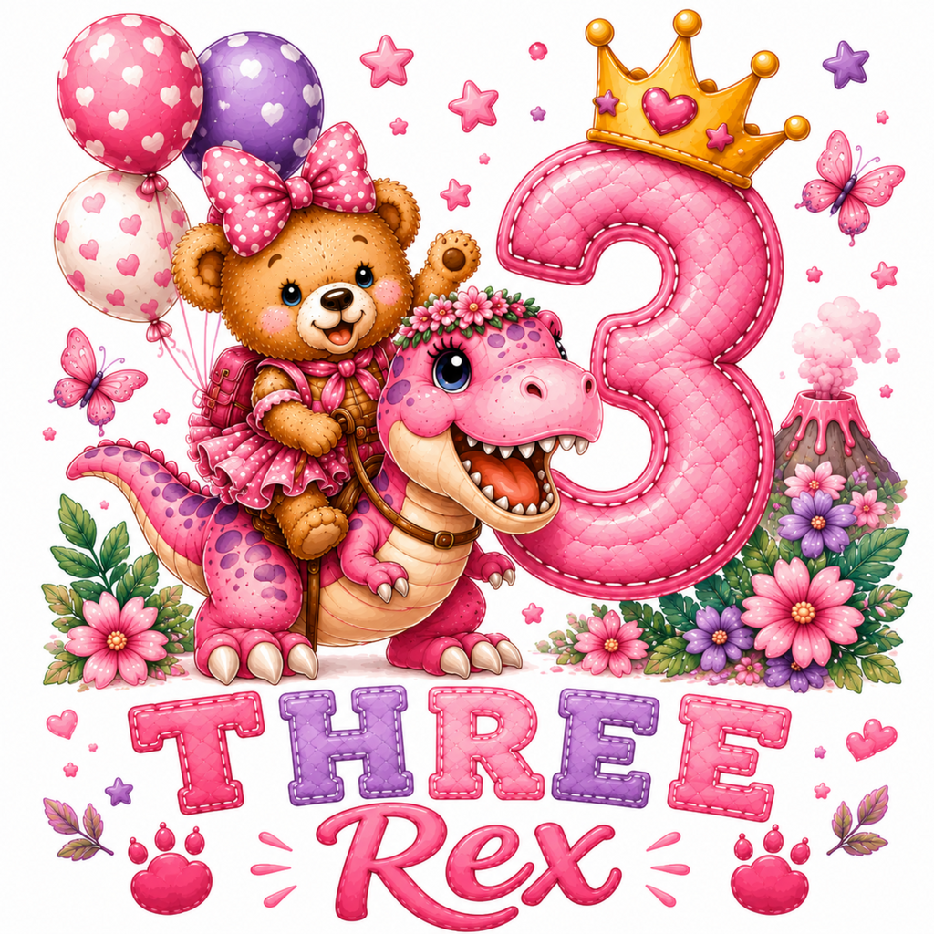 A colorful cartoon birthday graphic celebrating a third birthday with the text 'THREE Rex'. It features a cute brown teddy bear wearing a pink dress and bow, riding a pink dinosaur named Rex, next to a large pink stitched number 3 with a gold crown.