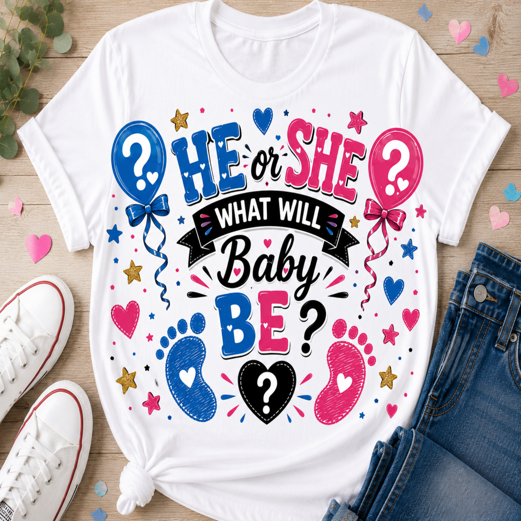 A white graphic t-shirt laid flat on a light wood surface, featuring a colorful 'HE or SHE WHAT WILL Baby BE?' design with blue and pink balloons, baby footprints, stars, and question marks. White sneakers and blue jeans are styled around the shirt.