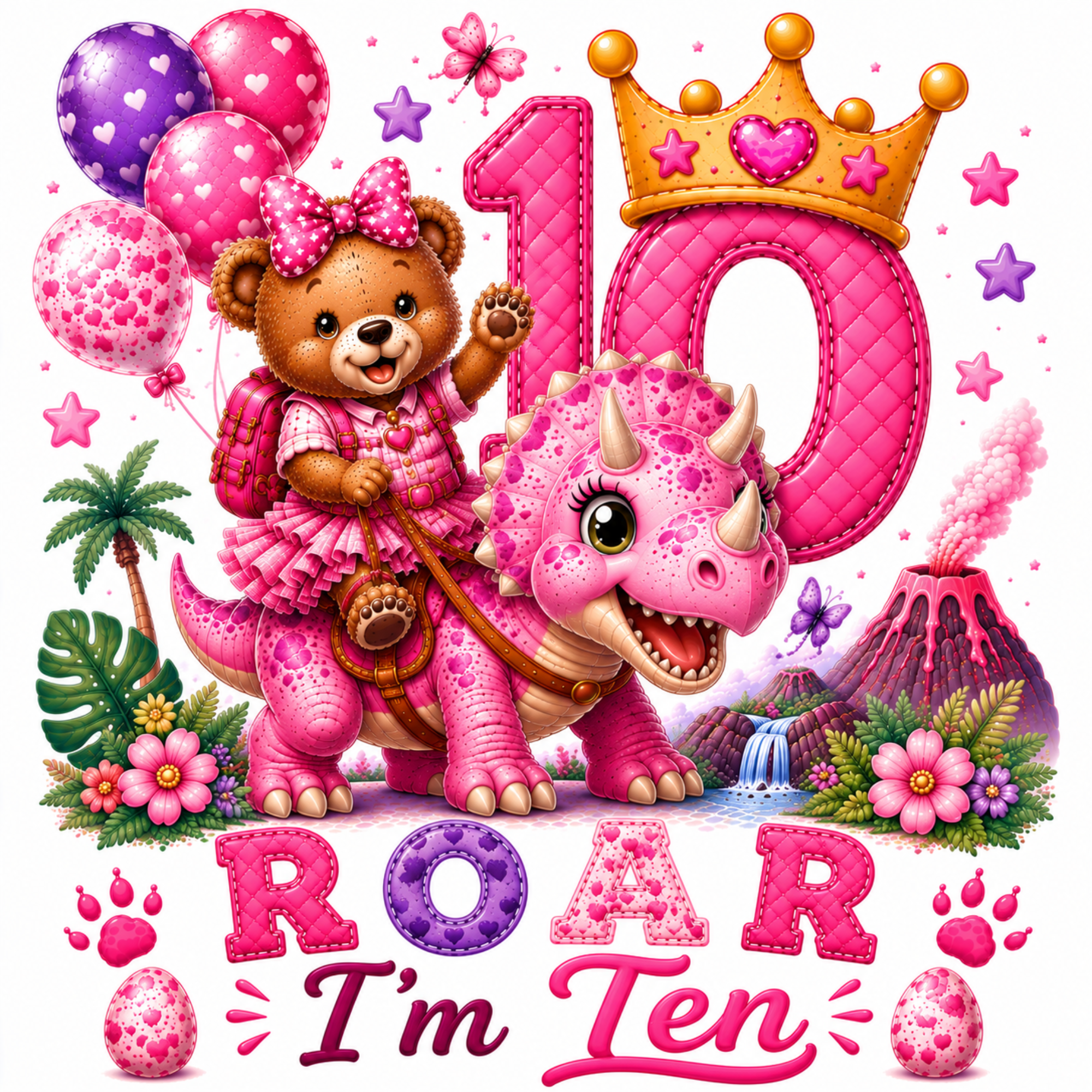 A colorful cartoon birthday illustration for a child turning 10. A pink triceratops dinosaur and a teddy bear in a pink dress and bow are centered, with a large pink number 10 topped by a gold crown.