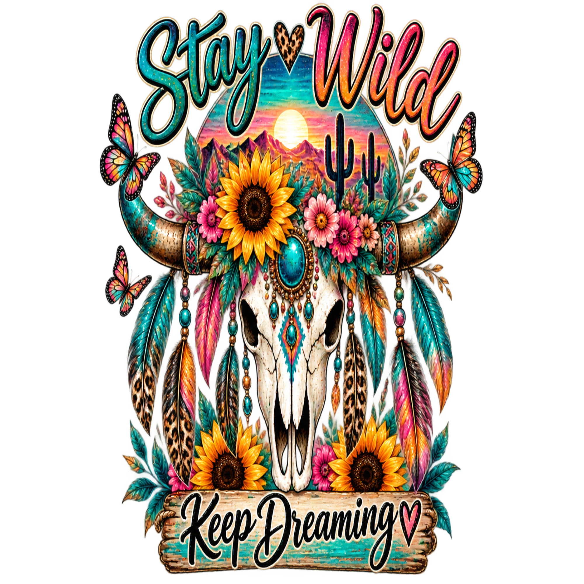 A colorful graphic design featuring a decorated skull with feathers, sunflowers, butterflies, cacti, and the words “Stay Wild” at the top and “Keep Dreaming” at the bottom, shown on a white background.