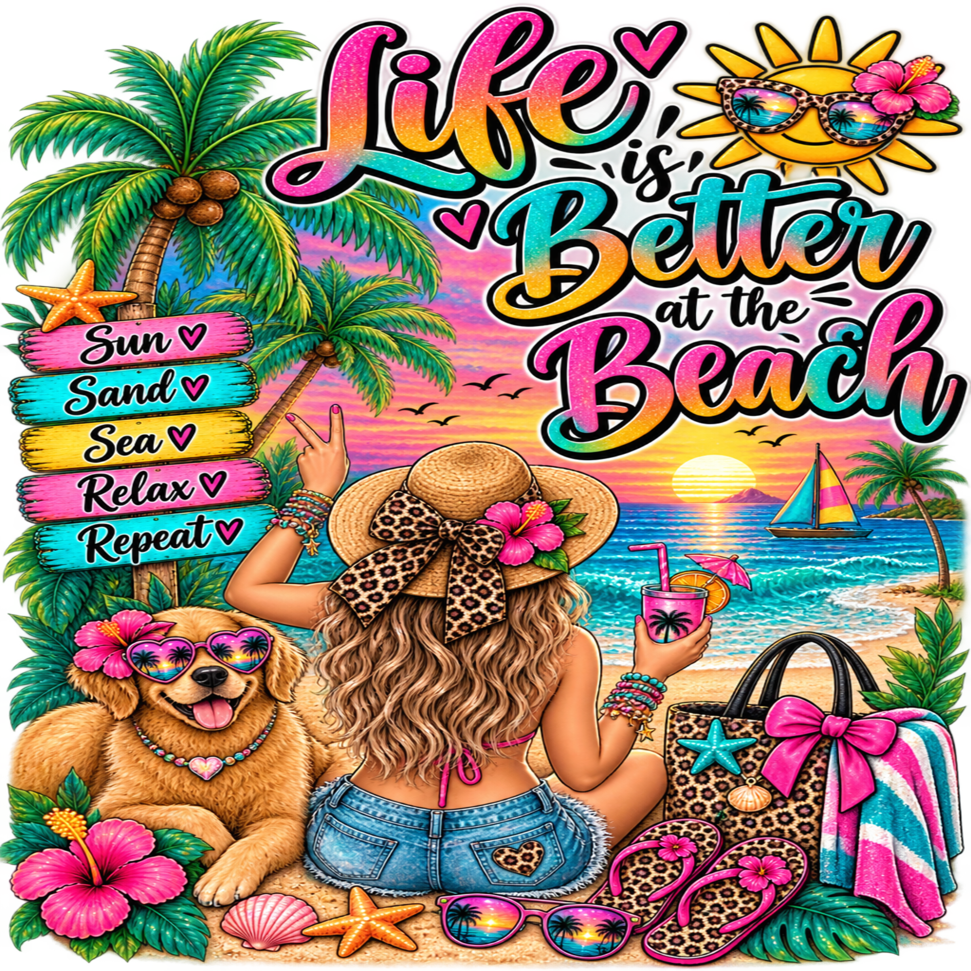 Vibrant tropical beach-themed graphic with the phrase 'Life is Better at the Beach' in large colorful lettering. A woman in a straw hat and denim shorts sits on a beach chair by the ocean at sunset, with palm trees, a golden retriever, sunglasses, hibiscus flowers, a leopard-print handbag, flip-flops, and beach accessories scattered around.