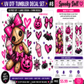 A promotional graphic for a UV DTF tumbler decal set featuring a spooky doll design in pink, black, and brown, with multiple matching decals and examples shown on a clear tumbler. Text highlights a 10-piece set, 9 mini decals, sizes, and a price of $5.