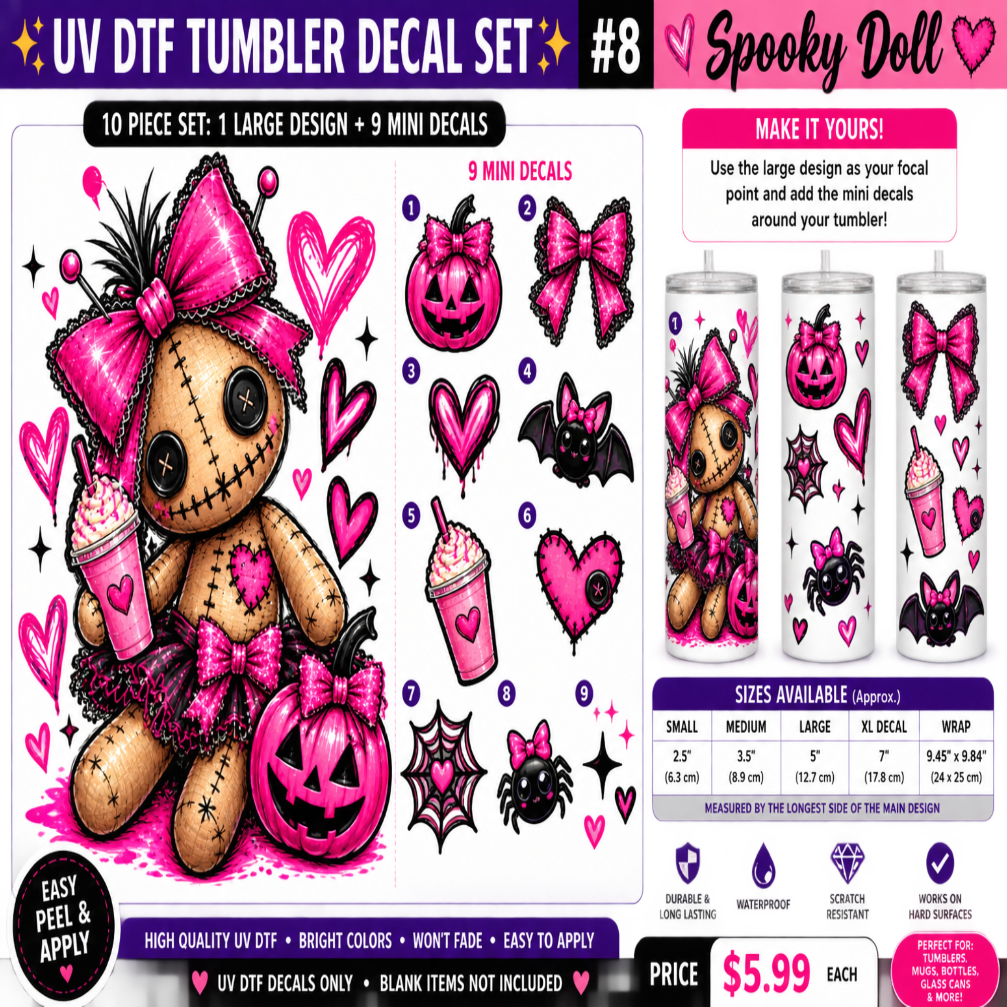 A promotional graphic for a UV DTF tumbler decal set featuring a spooky doll design in pink, black, and brown, with multiple matching decals and examples shown on a clear tumbler. Text highlights a 10-piece set, 9 mini decals, sizes, and a price of $5.