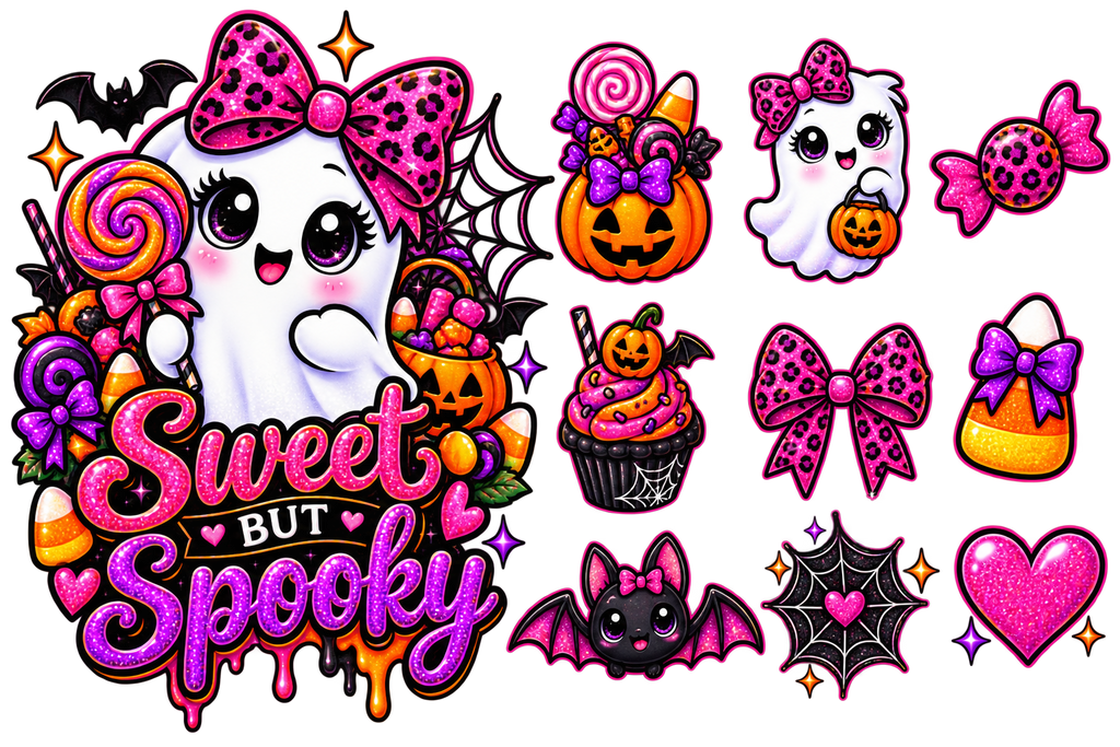 A sheet of Halloween-themed digital stickers featuring cute cartoon graphics including a ghost, pumpkins, cupcakes, bows, bats, candy corn, spiderwebs, and the text 'Sweet But Spooky' in pink and purple lettering.