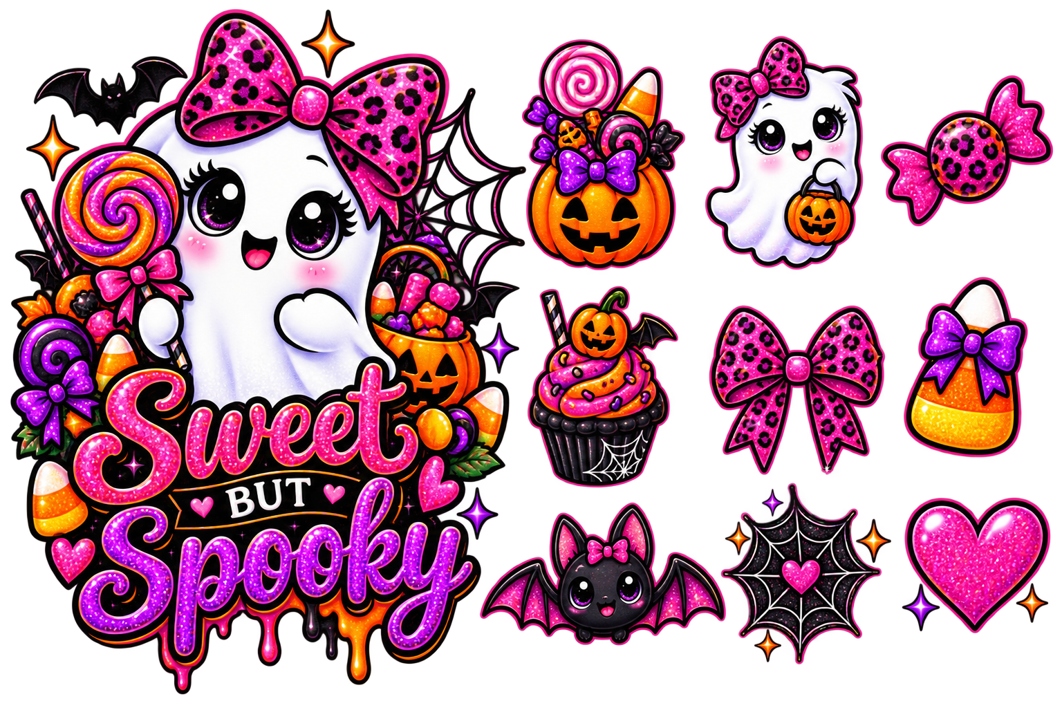 A sheet of Halloween-themed digital stickers featuring cute cartoon graphics including a ghost, pumpkins, cupcakes, bows, bats, candy corn, spiderwebs, and the text 'Sweet But Spooky' in pink and purple lettering.
