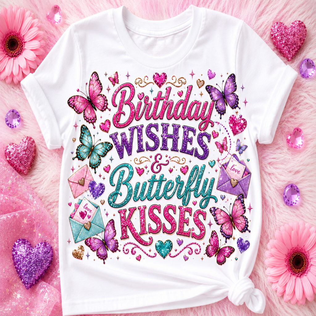 A white short-sleeve T-shirt laid flat on a pink textured surface, decorated with colorful butterfly and heart graphics and the phrase 'Birthday Wishes & Butterfly Kisses.' The shirt is surrounded by pink flowers, glittery heart props, and pink fabric.