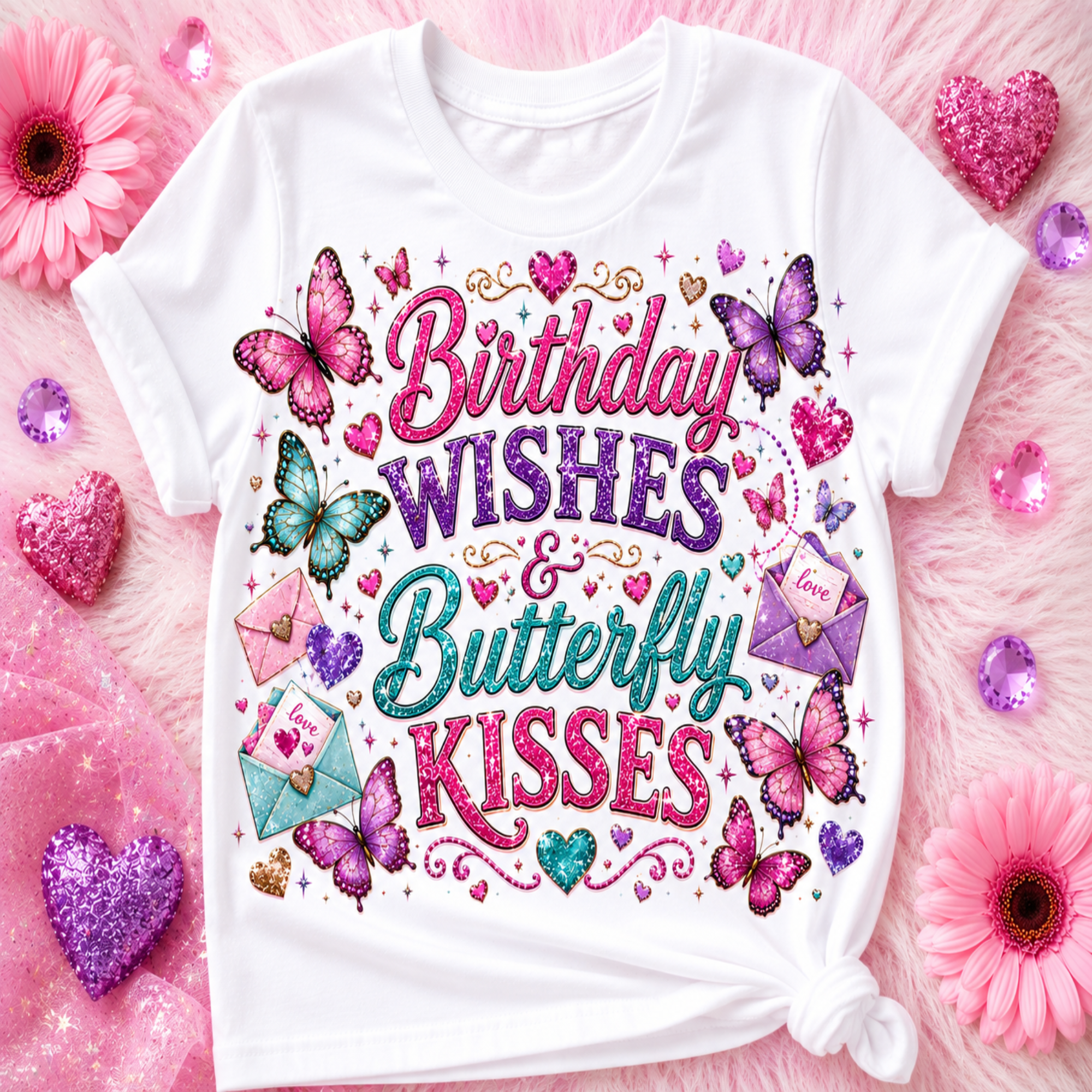 A white short-sleeve T-shirt laid flat on a pink textured surface, decorated with colorful butterfly and heart graphics and the phrase 'Birthday Wishes & Butterfly Kisses.' The shirt is surrounded by pink flowers, glittery heart props, and pink fabric.