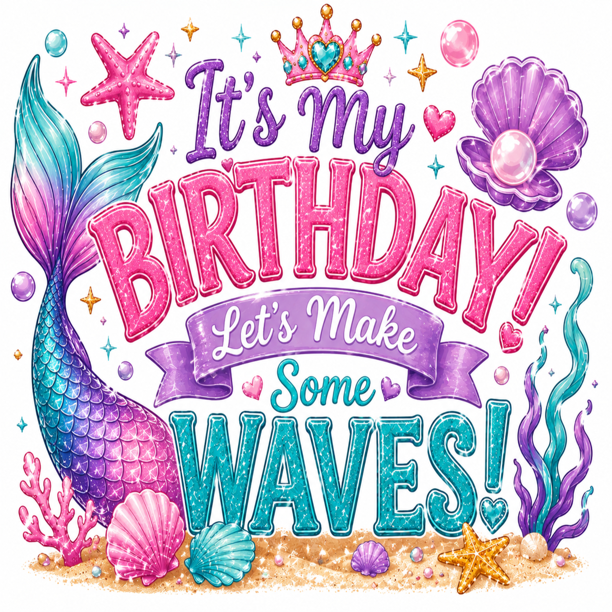 A colorful mermaid-themed birthday graphic with the text 'It's my BIRTHDAY! Let's Make Some WAVES!' in pink, purple, and teal lettering, surrounded by a mermaid tail, seashells, starfish, bubbles, and coral on a white background.