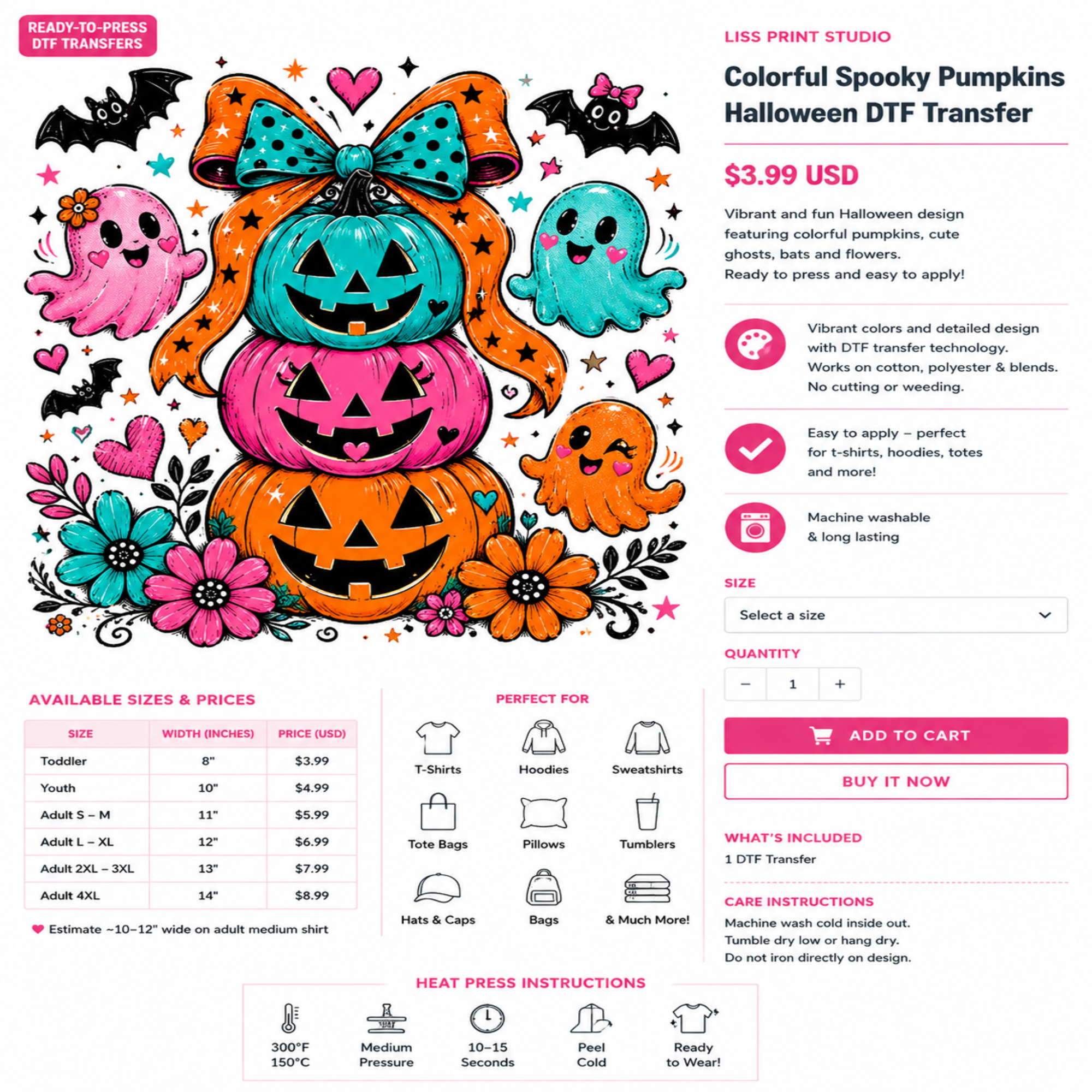 A digital product listing graphic for a 'Colorful Spooky Pumpkins Halloween DTF Transfer' by Liss Print Studio. The design features multiple cartoon jack-o'-lanterns decorated with large bows, colorful pumpkins, and autumn leaves, alongside text detailing product features, sizes, and care instructions.