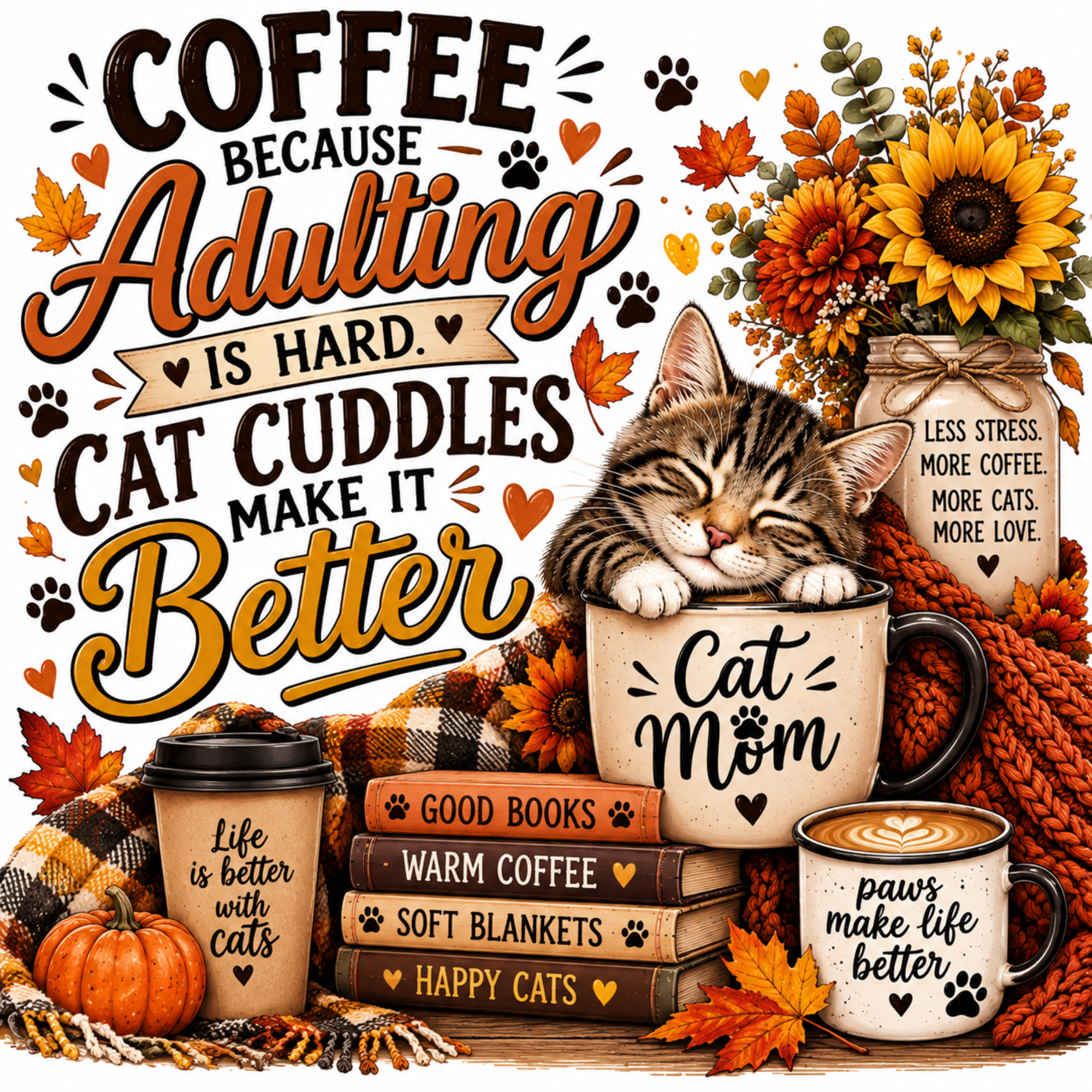 A cozy autumn-themed coffee mug and cat graphic with the text 'COFFEE BECAUSE Adulting CAT CUDDLES MAKE IT Better.' A sleeping tabby cat rests in a beige mug labeled 'Cat Mom,' surrounded by fall leaves, sunflowers, a pumpkin, books, and additional mugs with coffee-themed quotes.