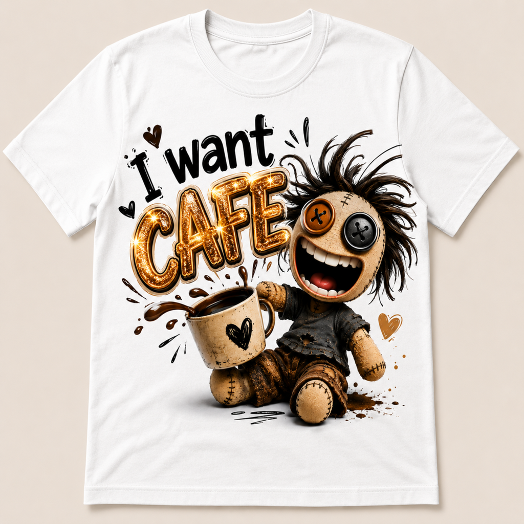 A white short-sleeve crewneck t-shirt featuring a graphic print of a creepy stitched doll next to a coffee mug with the text 'I want CAFE'.