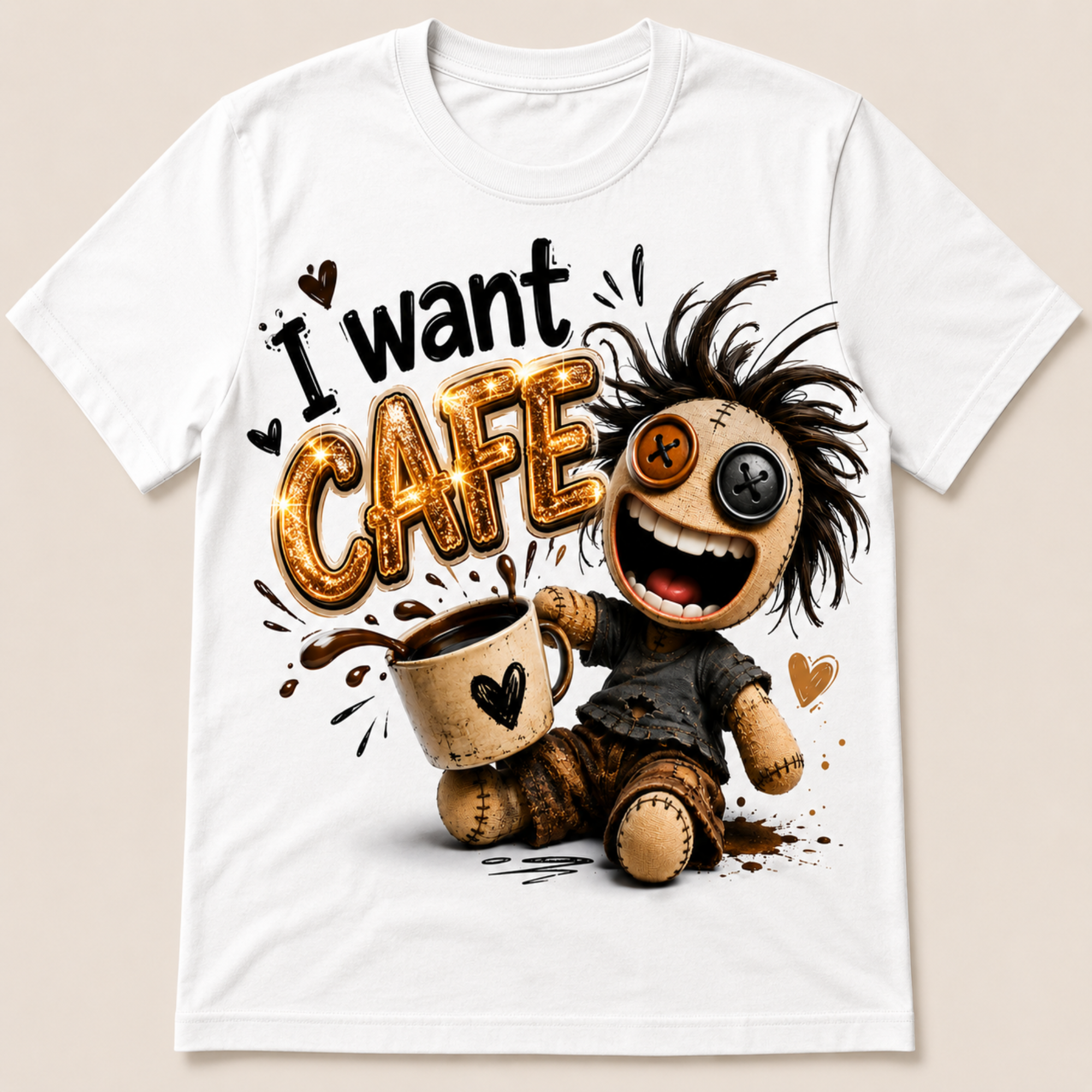 A white short-sleeve crewneck t-shirt featuring a graphic print of a creepy stitched doll next to a coffee mug with the text 'I want CAFE'.