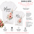 A promotional collage for a matching shirt collection showing two white T-shirts labeled 'Mama MY FLOWER' and 'Mini MY FLOWER' with pink flowers and green leaves. The right side includes marketing text, icons, and product details for the 'Mama & Mini Flower Matching Collection'.