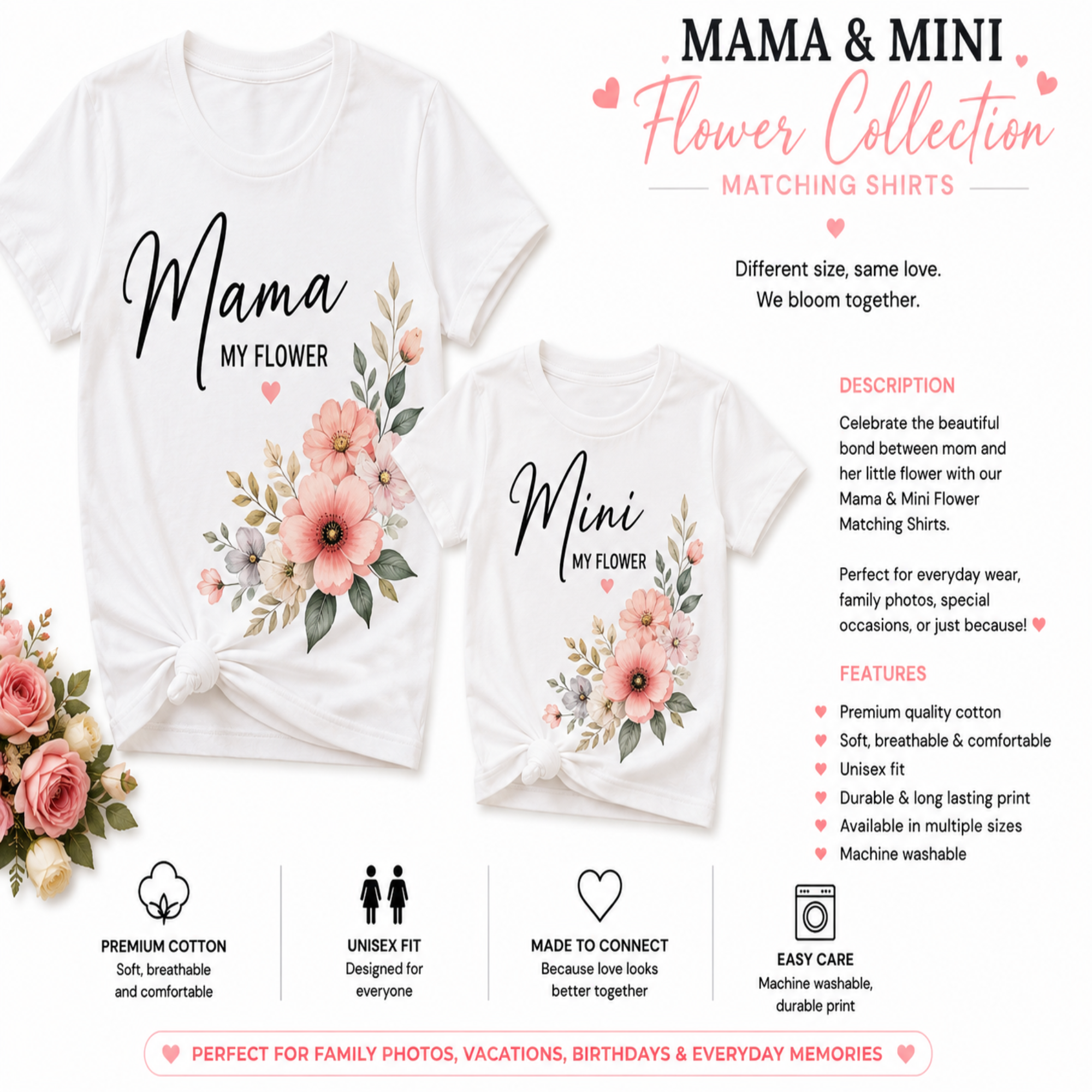 A promotional collage for a matching shirt collection showing two white T-shirts labeled 'Mama MY FLOWER' and 'Mini MY FLOWER' with pink flowers and green leaves. The right side includes marketing text, icons, and product details for the 'Mama & Mini Flower Matching Collection'.