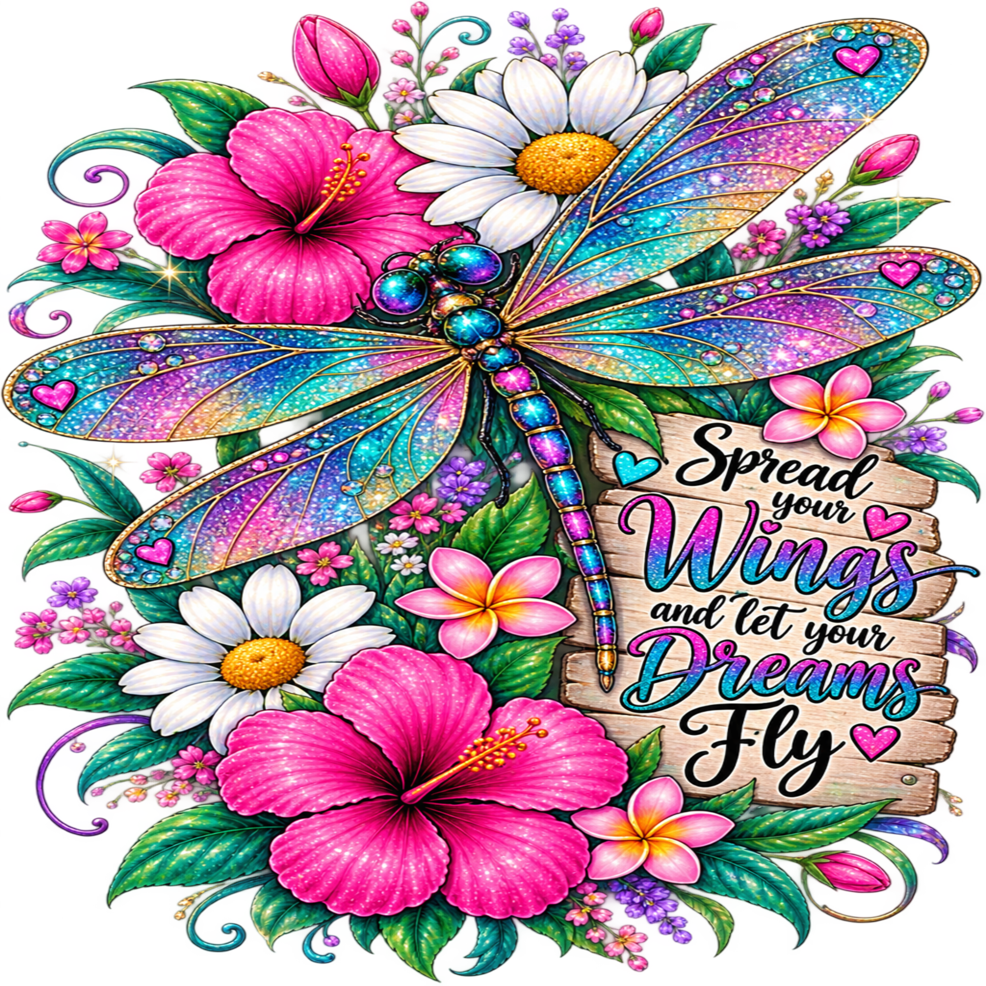 A colorful graphic design featuring a large iridescent dragonfly surrounded by pink and white hibiscus flowers, white daisies, purple blossoms, green leaves, and a wooden sign that reads 'Spread your Wings and let your Dreams Fly'.