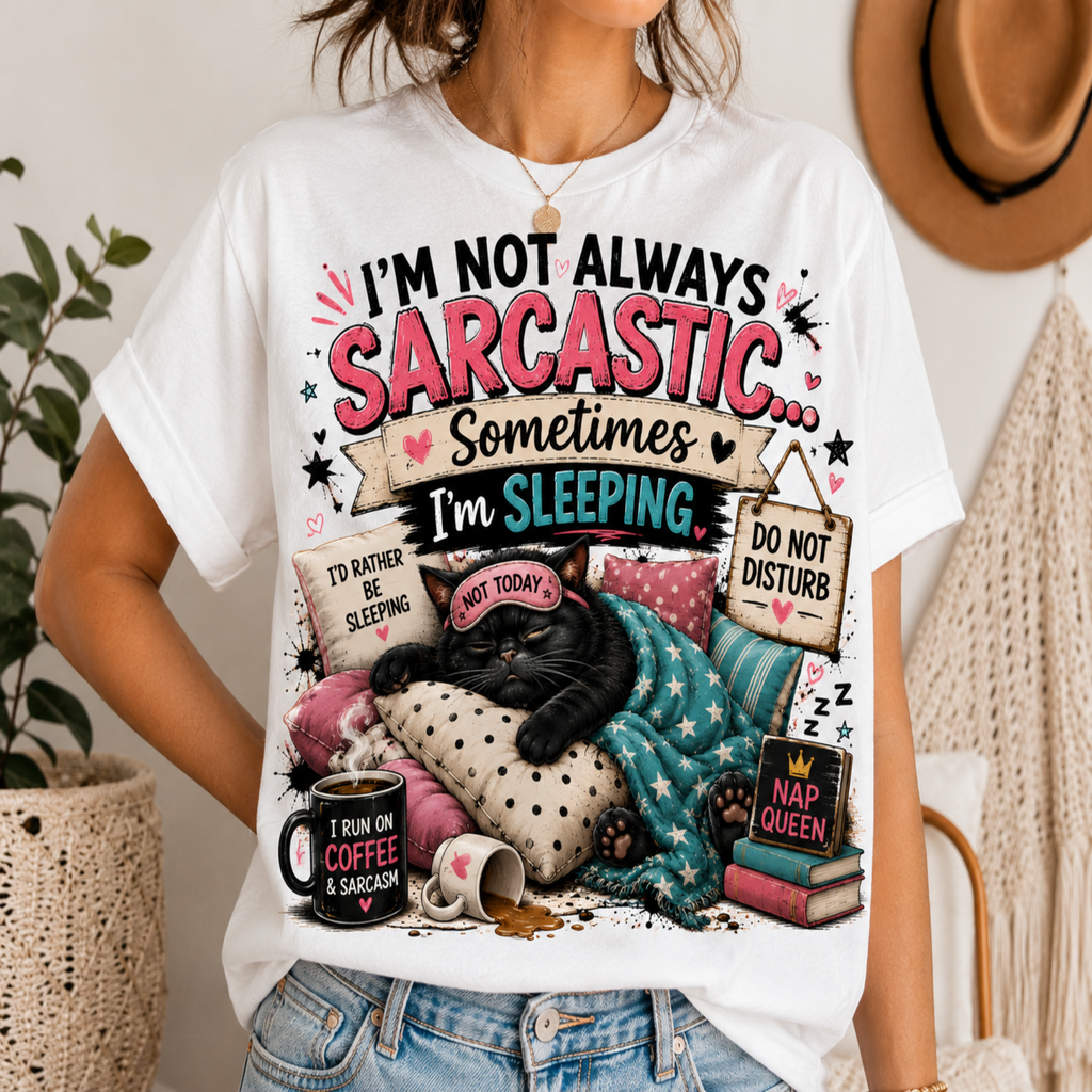 A woman wearing a white graphic t-shirt with a humorous cat design. The shirt features a black cat sleeping on a polka-dot pillow with text that reads 'I'M NOT ALWAYS SARCASTIC.