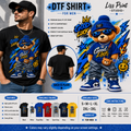 A promotional graphic for a DTF (Direct to Film) t-shirt featuring a cartoon teddy bear wearing a blue beanie and sunglasses with 'Good Luck' text. A man is shown wearing a black t-shirt with a similar graphic.