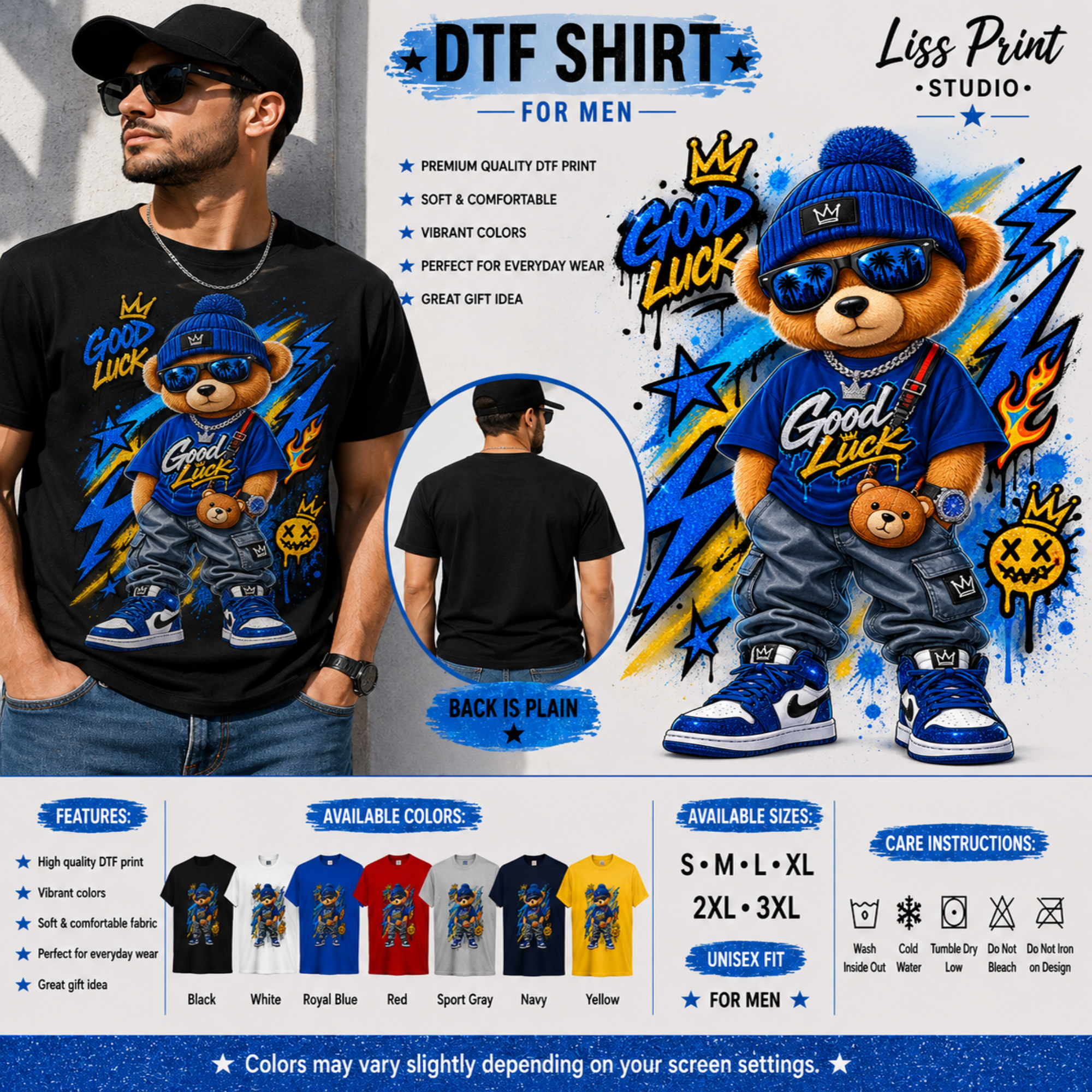 A promotional graphic for a DTF (Direct to Film) t-shirt featuring a cartoon teddy bear wearing a blue beanie and sunglasses with 'Good Luck' text. A man is shown wearing a black t-shirt with a similar graphic.