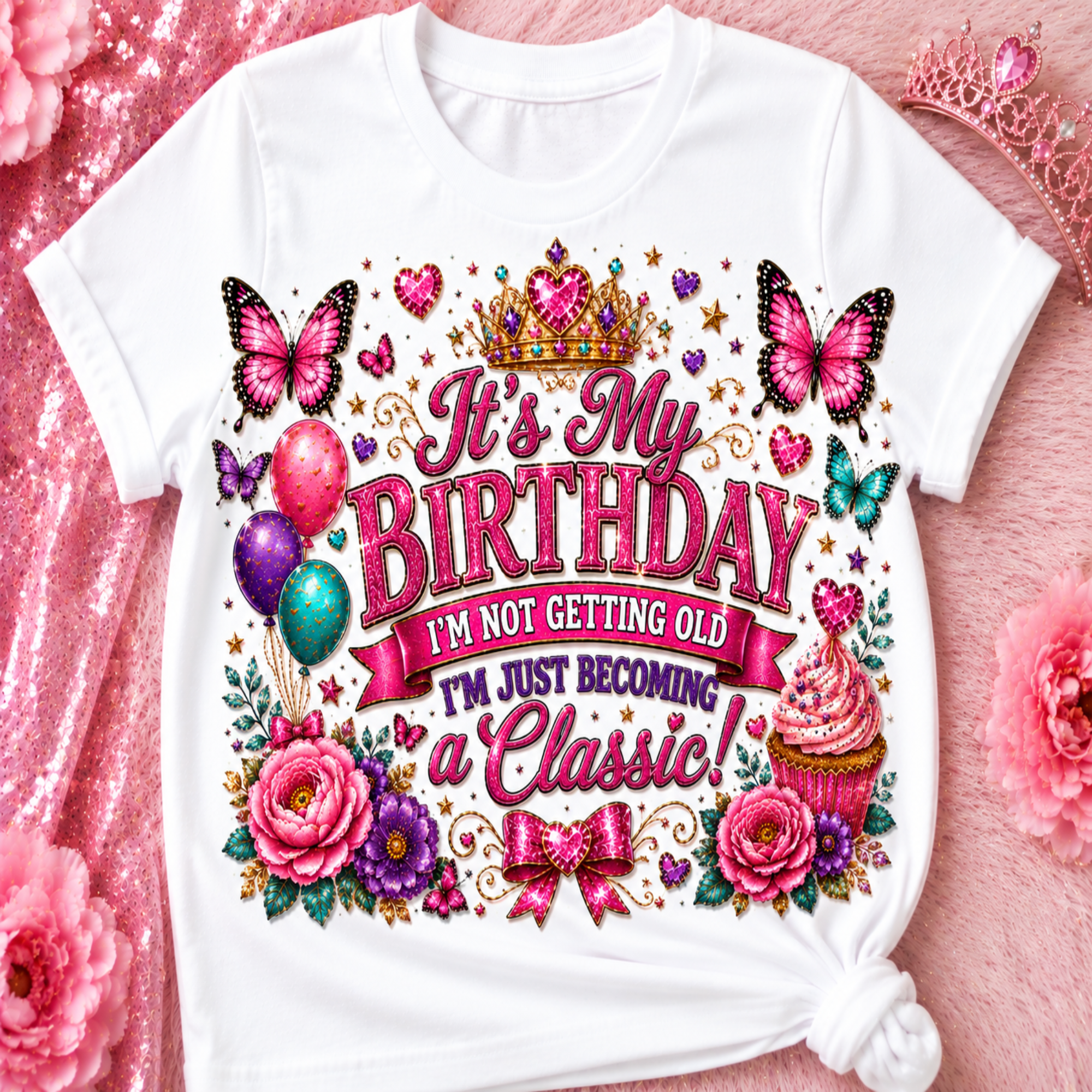 A white short-sleeve t-shirt with a colorful birthday graphic print, styled flat on a pink glittery background with decorative flowers and a tiara.