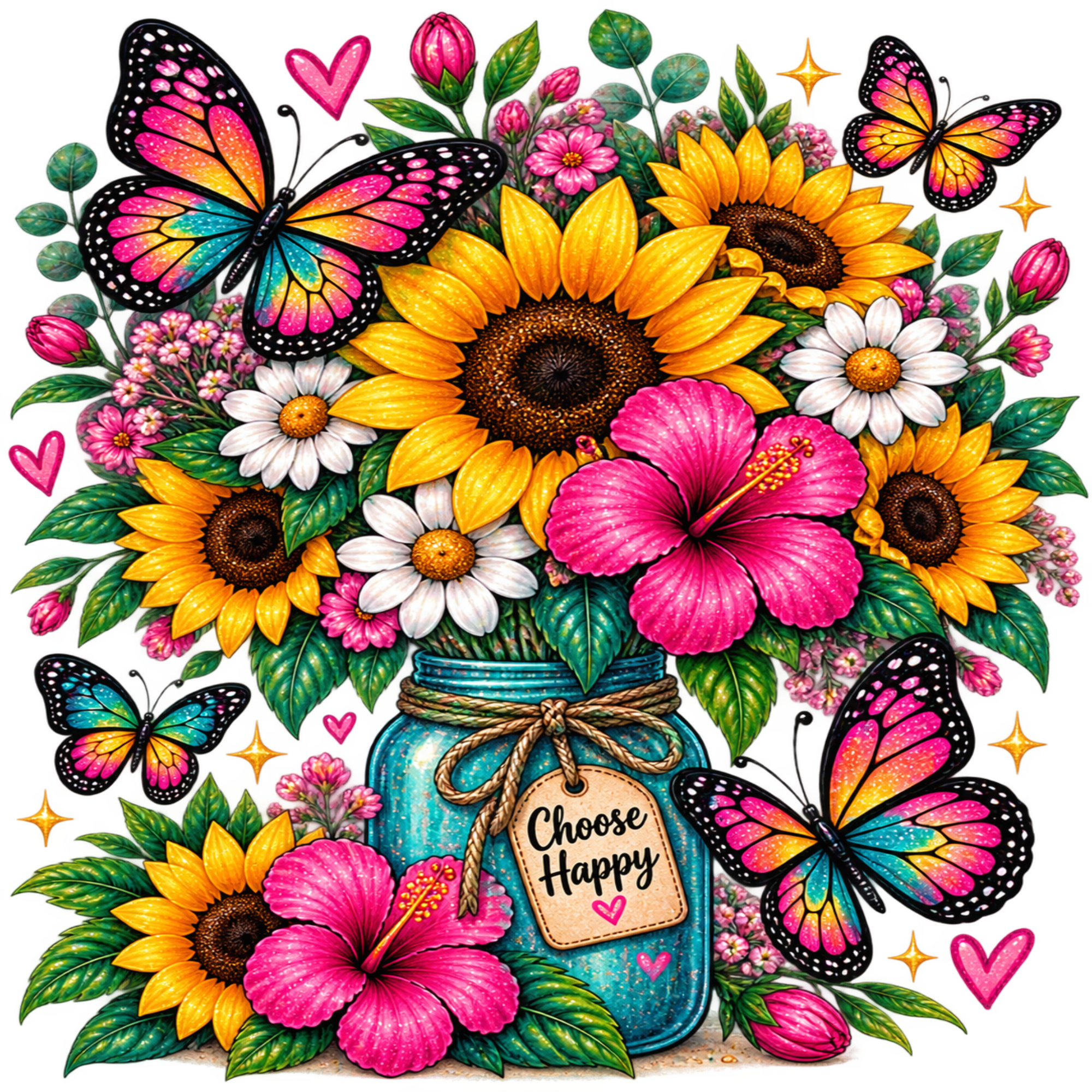 🌻 Choose Happy – Flowers & Butterflies DTF Transfer