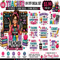 A colorful promotional graphic for a math-themed UV DTF decal set, showing multiple decorative sticker designs, a large sample decal, and mini decals. The design includes text such as 'Teacher,' 'Math Teacher,' equations, apples, books, coffee cups, and motivational phrases like 'Problems we solve them' and 'Teaching is as easy as PI.