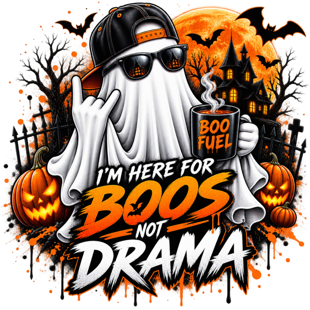 Halloween graphic design featuring a ghost character in a black baseball cap and sunglasses holding a mug that says 'BOO FUEL', with the text 'I'M HERE FOR BOOS NOT DRAMA' over a spooky haunted-house scene with pumpkins, bats, and an orange full moon.
