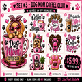A promotional graphic for a 10-piece UV decal set titled 'Set #3 - Dog Mom Coffee Club' by Lisa Print Studio. The design features nine numbered cartoon-style illustrations of dogs, coffee cups, paw prints, hearts, and text slogans like 'Coffee & Dogs,' 'Paws Before People,' and 'Dogs Coffee Repeat.