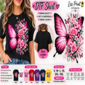 A promotional graphic for a DTF (Direct to Film) shirt by Liss Print Studio, showing a woman wearing a black t-shirt with a large pink and black butterfly and pink rose design on the front, alongside a back view showing the plain black fabric. The graphic includes a color palette, sizing information, and care instructions.