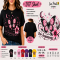 A promotional graphic for a DTF (Direct to Film) shirt by Liss Print Studio. The main image shows a woman wearing a black t-shirt with a pink and black butterfly design and the words 'New beginnings'.