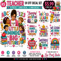 A colorful promotional graphic for a Teacher-themed UV DTF decal set, showing multiple decorative quote tiles, an illustrated teacher and children, books, pencils, and hearts. Large text reads '#5 TEACHER UV DTF DECAL SET', '$5.