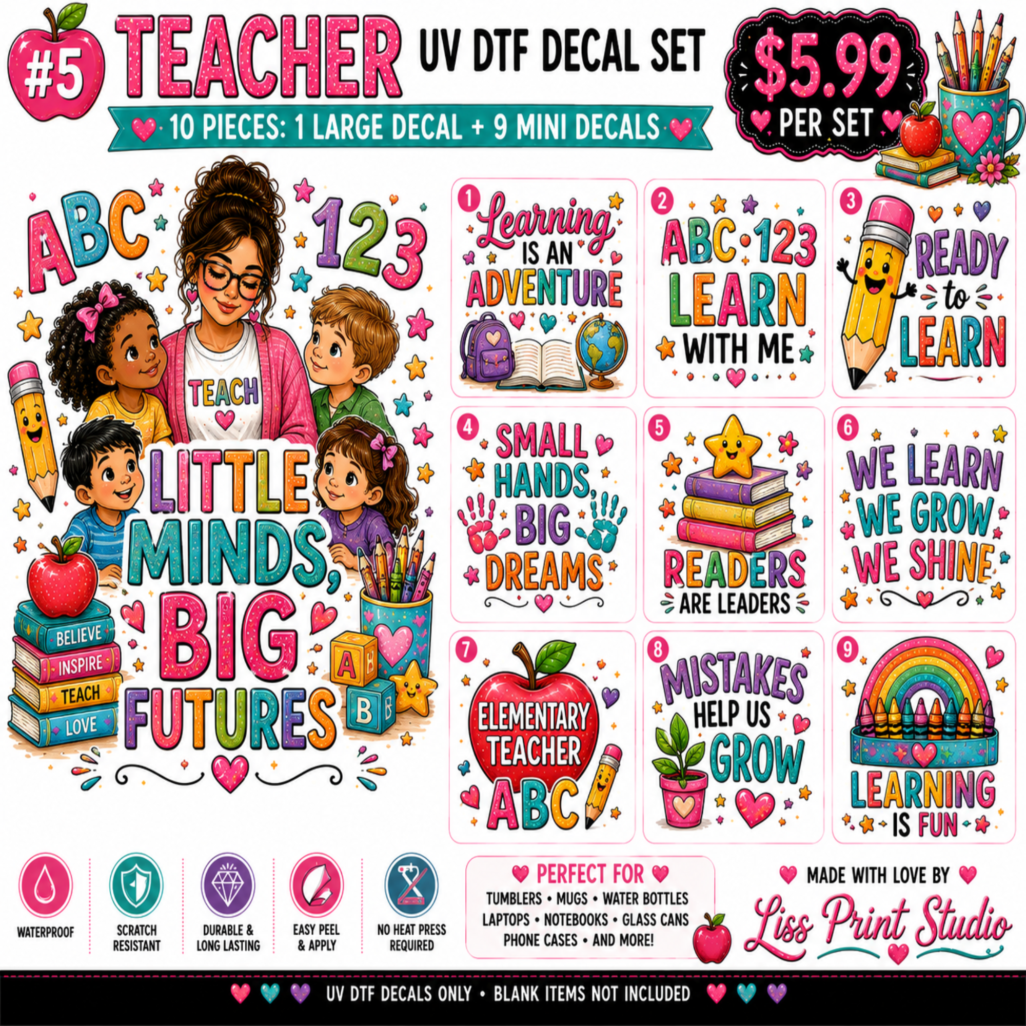 A colorful promotional graphic for a Teacher-themed UV DTF decal set, showing multiple decorative quote tiles, an illustrated teacher and children, books, pencils, and hearts. Large text reads '#5 TEACHER UV DTF DECAL SET', '$5.
