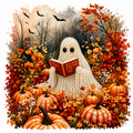 A whimsical Halloween-style artwork showing a ghost made of white pearls reading a red book, surrounded by pumpkins, orange and red autumn foliage, flowers, bare trees, and flying bats on a textured cream background.