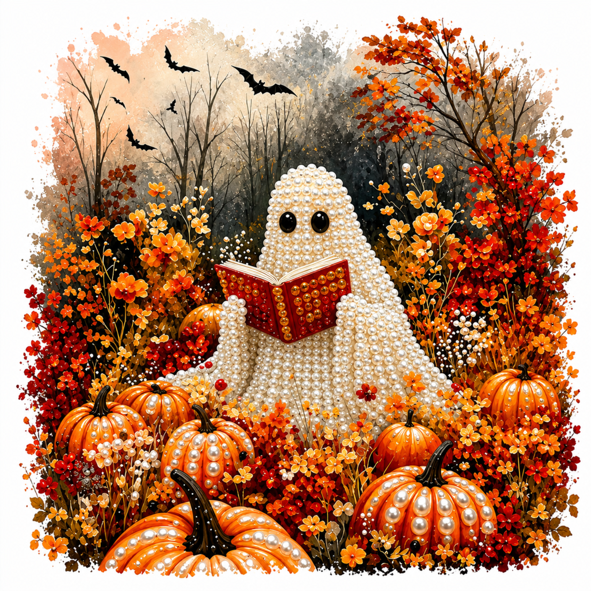 A whimsical Halloween-style artwork showing a ghost made of white pearls reading a red book, surrounded by pumpkins, orange and red autumn foliage, flowers, bare trees, and flying bats on a textured cream background.