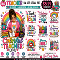 A promotional graphic for a UV DTF decal set featuring a teacher-themed design. The layout shows a large sample decal with an illustration of a woman reading under a rainbow, plus nine smaller decal designs with colorful text and rainbow/crayon motifs.